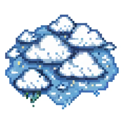 Add whimsical white clouds in the background to make it more fantastical, pixel art style, keep the cute and detailed look, bright fantasy atmosphere. sticker