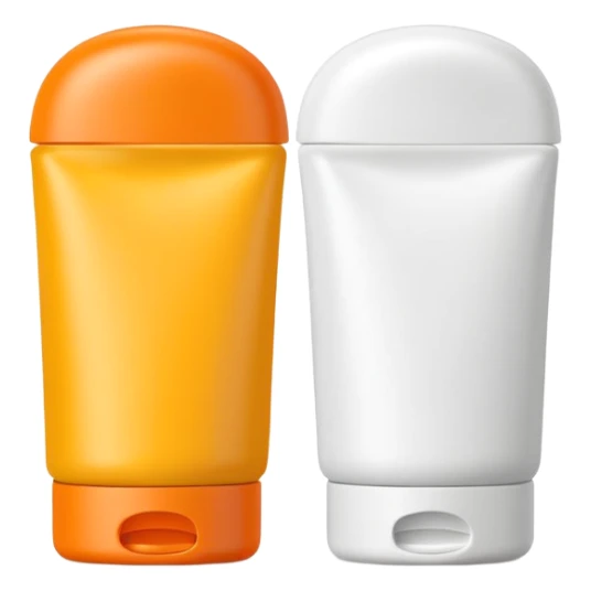 sleek squeezable tube with rounded flip-top cap, bright summer colors orange yellow white, compact slightly curved shape, outdoor use, clean matte surface, lotion or cream inside, no label, no hand, no extras, soft lighting, subtle shadows, emoji scale sticker