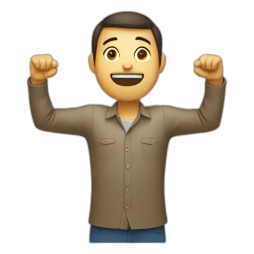 Person standing facing front with arms above head straight up and hands bending forward making claw shapes. Face has an underbite sticker