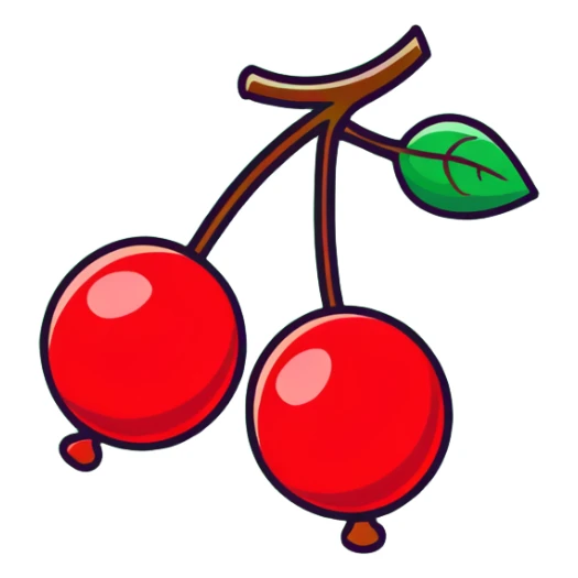 Two plump red cherries hanging from a small branch with green leaves sticker