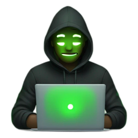 a man wearing a black hoodie behind a laptop screen projecting green light on him sticker