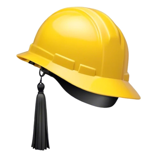 A bright yellow hard hat with a small black tassel hanging from one side, combining the traditional graduation cap with an engineer's safety helmet. The helmet has realistic ridges and a sturdy design, symbolizing construction, engineering, and technical expertise. The tassel is slightly swaying, adding a graduation touch. The background is plain white. sticker