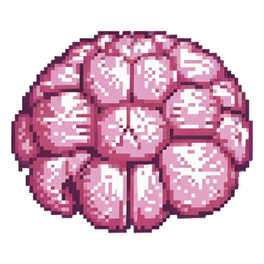 16-bit pixel art of a pink brain-shaped blob, smooth rounded brain texture, simple retro gaming style sticker