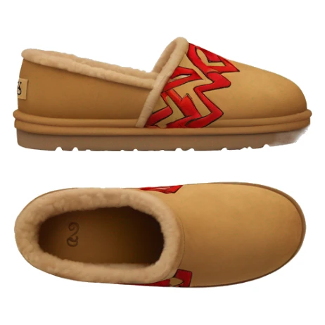 Ugg Camel slip-on slippers. A thin red zig-zag circling on cuff, and a high chunky thick platform sole. sticker