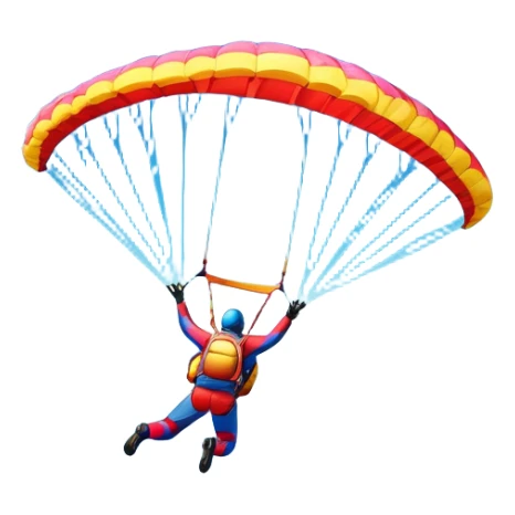 A base jumper soaring through the sky, with a brightly colored parachute open. The backdrop features breathtaking mountain peaks, lush valleys, and a vast blue sky dotted with clouds. The scene captures the thrill and freedom of jumping from great heights into the open air. sticker