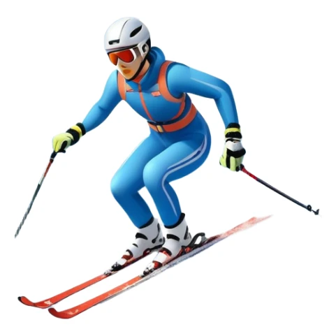 An icon featuring snowy peaks, pine trees, and a picturesque mountain landscape with a skier racing down a snow-covered slope, The sky is blue with soft clouds, capturing the thrill and beauty of alpine skiing. Transparent background highlights the excitement and serenity of winter sports. sticker