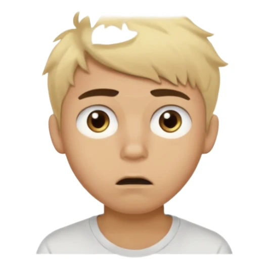 Short buzz, messy blonde hair. Dark brown bushy eyebrows large expressive golden-brown eyes, wearing a plain white t-shirt. Male Teenager. light Dark Brown skin color. Confused mouth gape sticker