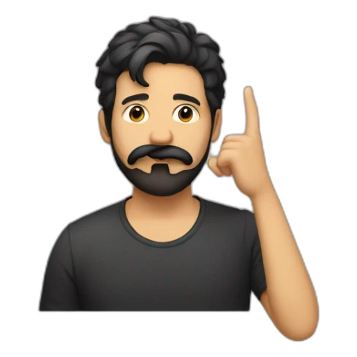 A guy with his finger in his mouth making the silence sign, black hair, beard sticker