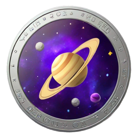 a space-themed coin with a purple saturn on it sticker