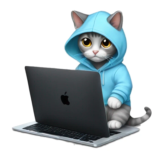 Cat wearing baby blue hoodie and a black MacBook sticker