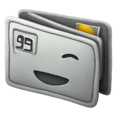A grey plushie that looks like a vertical bank card sticker