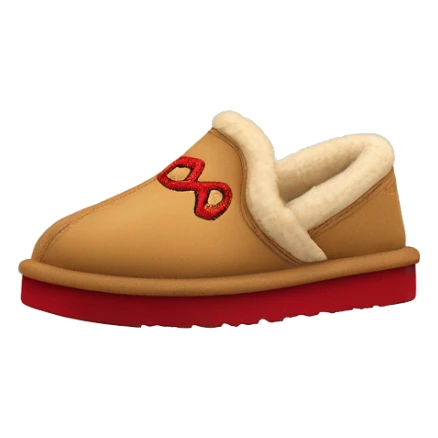 Ugg Camel slip-on slippers. A thin red zig-zag stitch only encircling ankles, VERY chunky platform sole. sticker