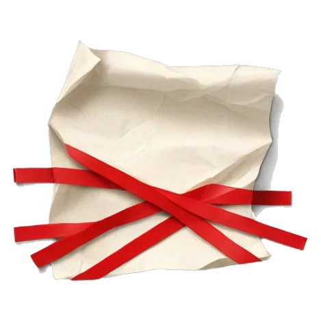crumpled up piece of paper wrapped in red tape sticker