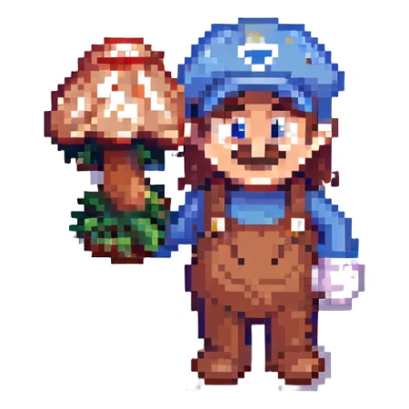 Mario holding a mushroom, pixel art style, classic outfit, playful sticker