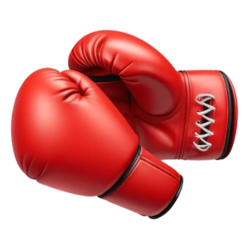 A small, bold boxing glove with a shiny red leather texture, clenched and angled forward, dynamic motion lines around it, symbolizing a powerful punch, clean white background sticker