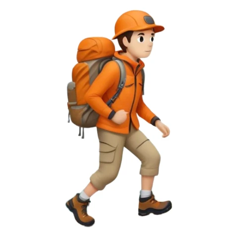 Hiker in orange jacket with backpack climbing mountain trail, minimalist design sticker