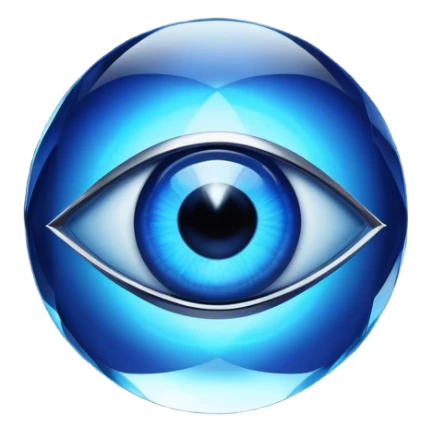 Cinematic Realistic image of a glass Evil Eye blue stone, rendered with translucent, luminous blue hues and finely cut facets that catch soft reflective light, set against a dark, minimalist backdrop to emphasize its mystical allure. sticker