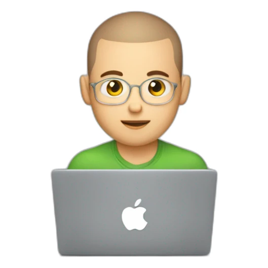 young software engineer buzz cut hair in front of laptop, apple-style sticker