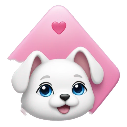 pink inverted triangle with rounded corners, with white cute eyes and heart-shaped pupils, white ears and a blue bow on top, little white paws on the sides, and blue paws on the bottom sticker