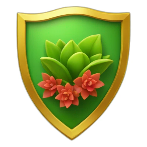 green shield with a gold border and a sprouting gold and red succulent at the centre sticker