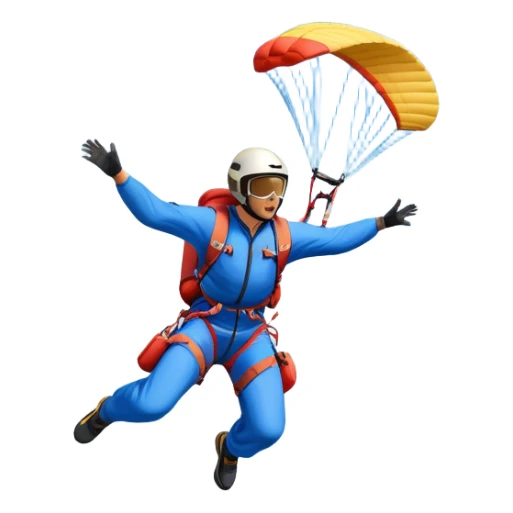 A base jumper soaring through the air, parachute deployed, flying off a steep mountain peak. The background is filled with majestic mountains, clear blue sky, and distant clouds, capturing the exhilarating thrill and beauty of extreme sports. sticker