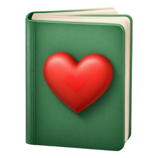 green book standing upright with visible pages and a red heart peeking out from behind the book sticker