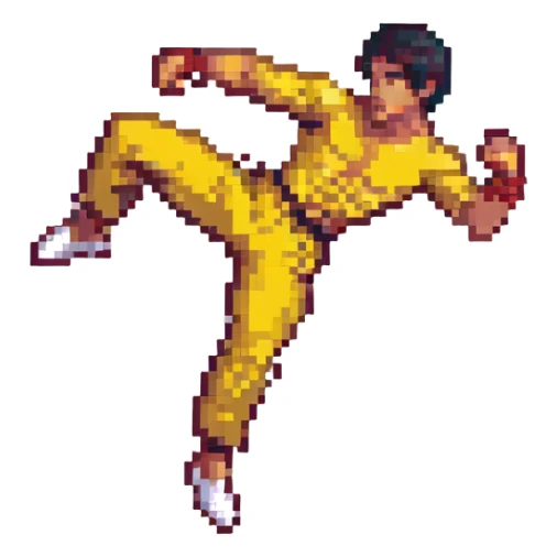 Bruce Lee in mid-air kick, pixel art style sticker