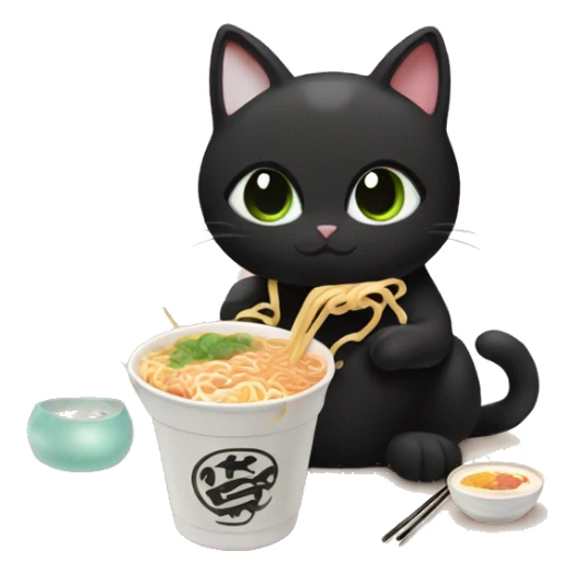 black cat eating ramen noodles and boba tea beside sticker