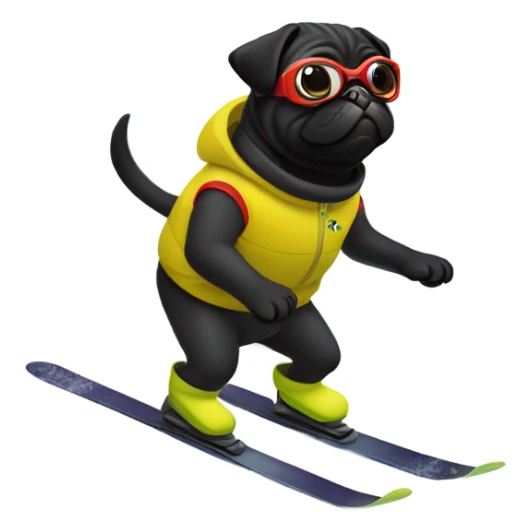 Black pug skiing on a snowy mountain sticker