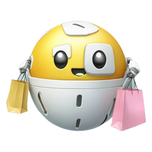 cute white floating spherical happy robot with floating shopping bags sticker