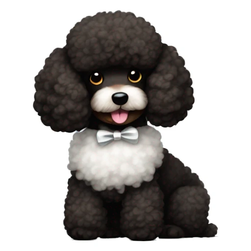 black and brown poodle with white fur on its belly and a bow sticker