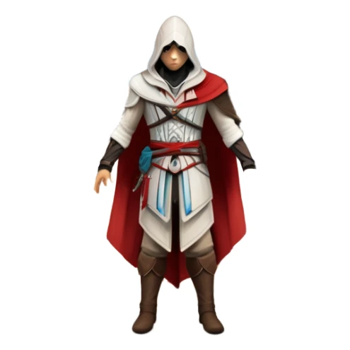 icon featuring Assasin's Creed in an iconic assassin's hood, standing tall against the backdrop of Florence. The design captures the essence of adventure, with intricate details of historical architecture and a sense of mystery. The character is poised, ready for action. transparent background. sticker