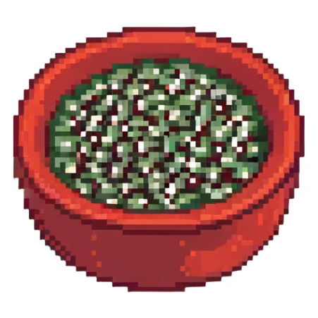 Small ceramic bowl filled with tiny sesame seeds, red bowl sticker