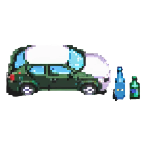 pixel art of a car swerving with a bottle nearby, representing drunk driving sticker