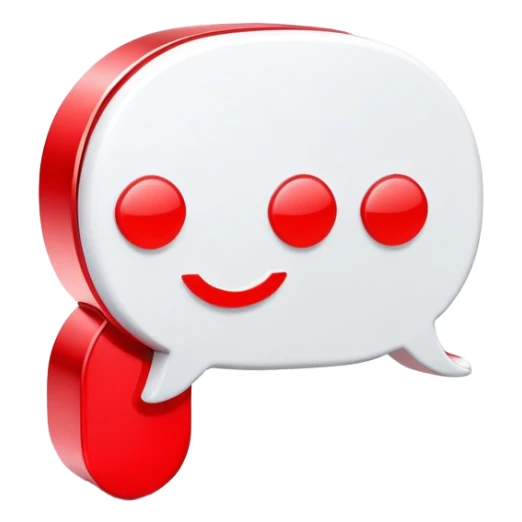 A sleek 3D icon of an AI assistant with glowing red elements, chat bubbles, and subtle YouTube play button integration, white background, modern tech style sticker