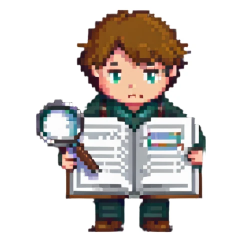 curious person with magnifying glass examining book sticker