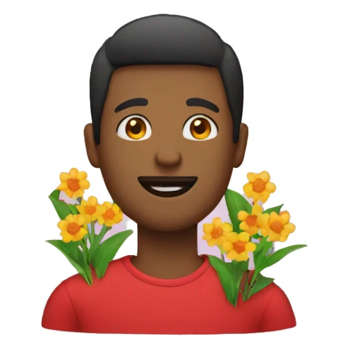 man have red teeshirt and have a flowers sticker