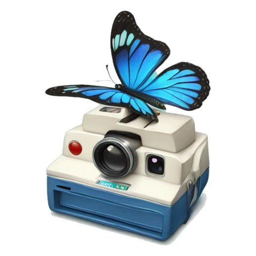 a blue butterfly coming out of a polaroid photo sticker
