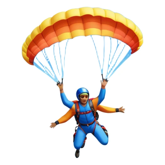 A base jumper soaring through the sky, with a brightly colored parachute open. The backdrop features breathtaking mountain peaks, lush valleys, and a vast blue sky dotted with clouds. The scene captures the thrill and freedom of jumping from great heights into the open air. sticker