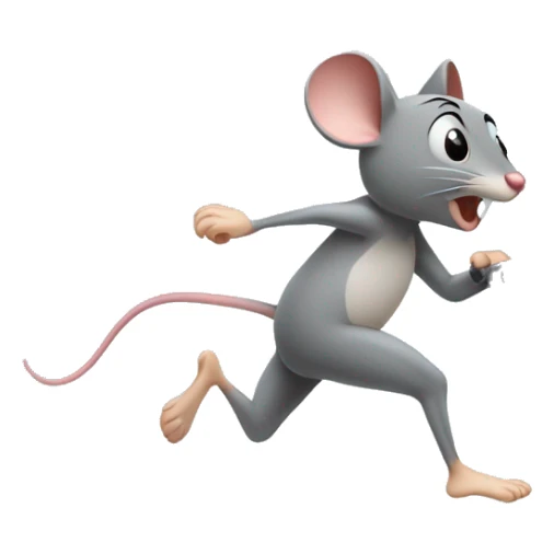 a grey mouse running flatout forward on a treadmil with sweat pouring off of his forehead.  sticker