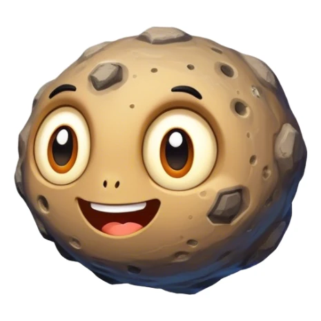 A smiling asteroid with large, expressive eyes (not too big). Comic-style with bright colors and bold lines. Floating through space with a glowing, playful trail. Cartoonish, cheerful, and friendly vibe. sticker