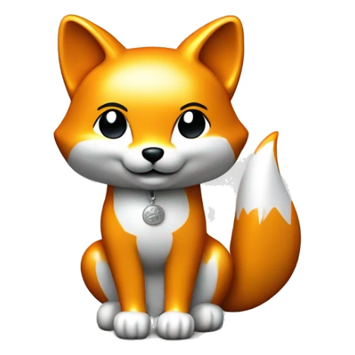 Fully chromed Maneki Neko-style fox statue in iOS emoji style, with smooth, rounded edges, reflective surface with soft light reflections. Minimalist features like the tail, raised paw, and coin. Plain white background to emphasize the chrome texture. sticker
