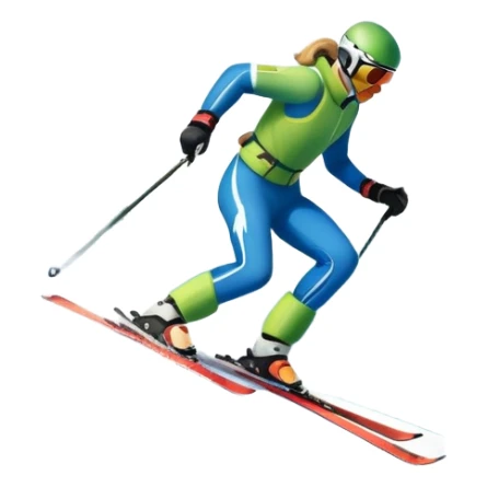 An icon featuring snowy peaks, pine trees, and a picturesque mountain landscape with a skier racing down a snow-covered slope. The sky is blue with soft clouds, capturing the thrill and beauty of alpine skiing. Transparent background highlights the excitement and serenity of winter sports. sticker