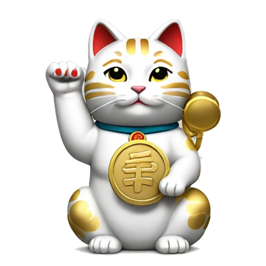 Japanese white maneki neko cat with its left arm raised and its right arm holding a golden koban coin sticker