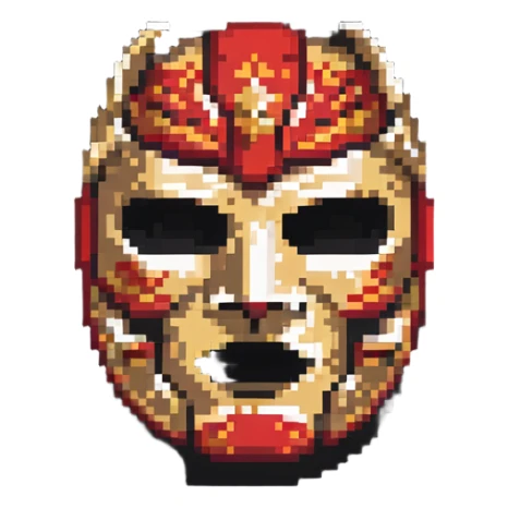 red and gold luchador mask with dramatic expression in pixel art style sticker