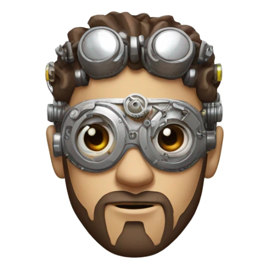 male cyborg head with brown short hair, brown beard, silver steampunk goggles and circuits sticker