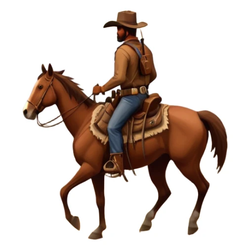 An icon representing an adventure game, inspired by Red Dead Redemption II. The design features a rugged cowboy riding a horse through a vast, open landscape with mountains, deserts, and wild animals. The atmosphere conveys exploration, action, and the thrill of the journey. Transparent background sticker
