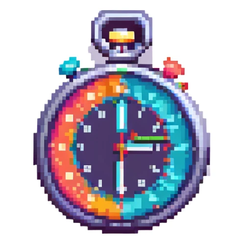 A stopwatch in pixel art style, blocky and retro, vibrant colors sticker
