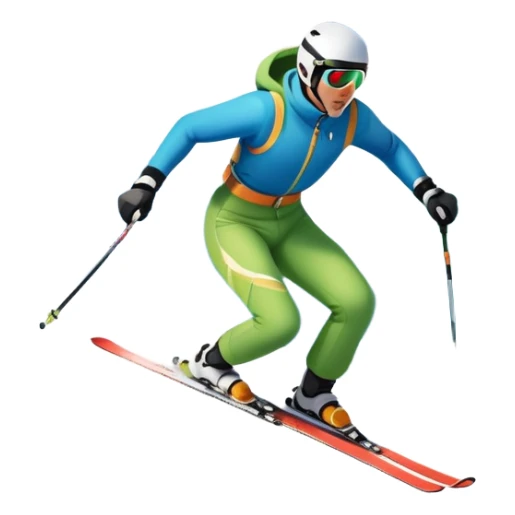 An icon featuring snowy peaks, pine trees, and a picturesque mountain landscape with a skier racing down a snow-covered slope. The sky is blue with soft clouds, capturing the thrill and beauty of alpine skiing. Transparent background highlights the excitement and serenity of winter sports. sticker