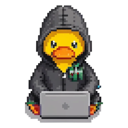 black rubber duck with tiny hoodie and a laptop, hacker sticker